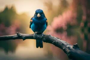 een blauw vogel zittend Aan een Afdeling in de buurt een vijver. ai-gegenereerd foto