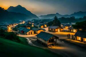 een dorp Bij nacht met lichten Aan de daken. ai-gegenereerd foto