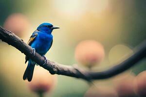 een blauw vogel is zittend Aan een Afdeling. ai-gegenereerd foto