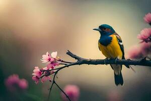 een vogel zittend Aan een Afdeling met roze bloemen. ai-gegenereerd foto