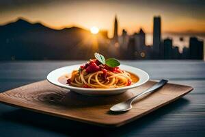 een bord van spaghetti met tomaat saus en een lepel Aan een houten tafel in voorkant van een stad. ai-gegenereerd foto
