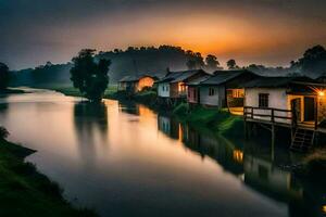 foto behang de lucht, water, rivier, huis, de dorp, de dorp, de dorp. ai-gegenereerd