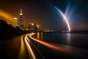 een lang blootstelling fotograaf van een raket vliegend over- de stad. ai-gegenereerd foto
