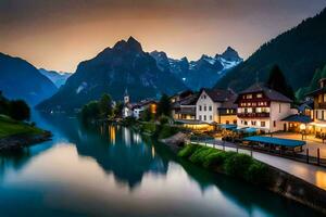 foto behang de lucht, bergen, water, bergen, meer, huis, huis, huis,. ai-gegenereerd