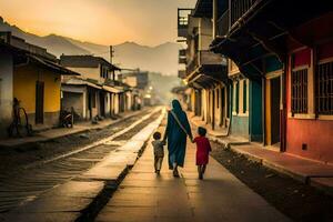 een vrouw en twee kinderen wandelen naar beneden een straat. ai-gegenereerd foto