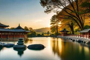 een mooi zonsondergang over- een vijver met rotsen en pagodes. ai-gegenereerd foto