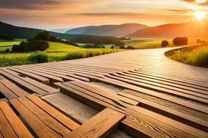 een houten loopbrug in de midden- van een veld. ai-gegenereerd foto