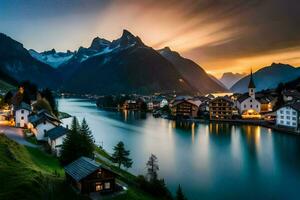 een mooi zonsondergang over- een meer en bergen. ai-gegenereerd foto