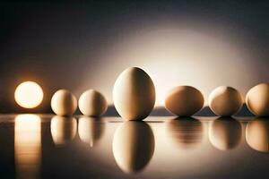 eieren zijn bekleed omhoog in een rij Aan een tafel. ai-gegenereerd foto