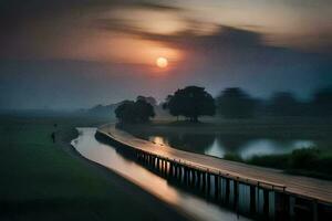 een lang blootstelling fotograaf van een brug over- een rivier. ai-gegenereerd foto