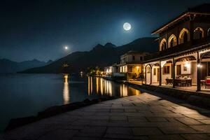 een maanlicht nacht visie van een meer en gebouwen. ai-gegenereerd foto