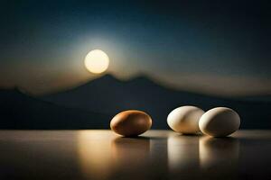 drie eieren zijn zittend Aan een tafel in voorkant van een berg. ai-gegenereerd foto