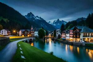 een rivier- loopt door een stad- Bij nacht. ai-gegenereerd foto