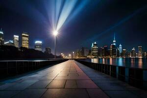 een lang loopbrug met lichten schijnend Aan het Bij nacht. ai-gegenereerd foto