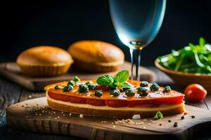 een plak van pizza met tomaten en basilicum Aan een houten snijdend bord. ai-gegenereerd foto