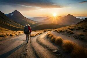 een persoon wandelen Aan een weg in de bergen. ai-gegenereerd foto