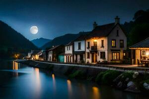 een vol maan schijnt over- een rivier- Bij nacht. ai-gegenereerd foto