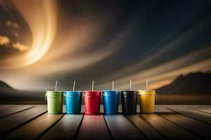 kleurrijk cups Aan een houten tafel met een lucht achtergrond. ai-gegenereerd foto