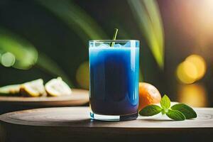 blauw drinken in een glas Aan een houten tafel. ai-gegenereerd foto