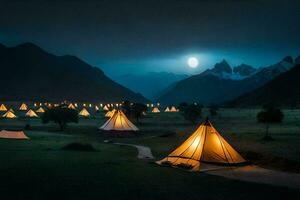 een vol maan over- tenten in de bergen. ai-gegenereerd foto