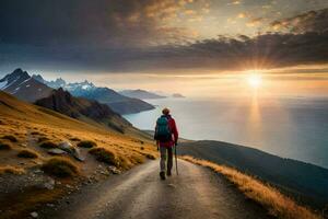 een persoon wandelen Aan een pad met uitzicht de oceaan en bergen. ai-gegenereerd foto