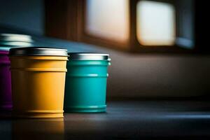 drie kleurrijk cups zitten Aan een tafel. ai-gegenereerd foto