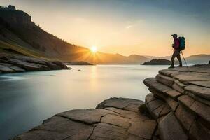 een Mens staand Aan een rots met uitzicht een meer Bij zonsondergang. ai-gegenereerd foto