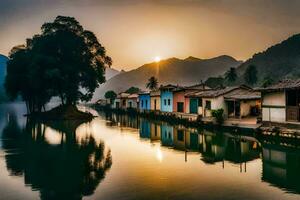 een rivier- in de midden- van een dorp Bij zonsondergang. ai-gegenereerd foto