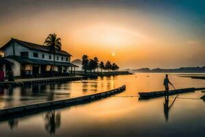 een Mens is wandelen aan de overkant de water Bij zonsondergang. ai-gegenereerd foto