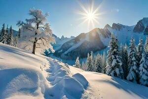 sneeuw gedekt bergen en bomen met zon schijnt. ai-gegenereerd foto