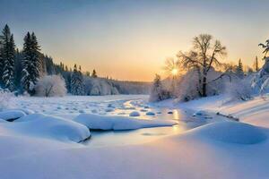 foto behang de lucht, sneeuw, bomen, rivier, zon, rivier, winter, de zon. ai-gegenereerd