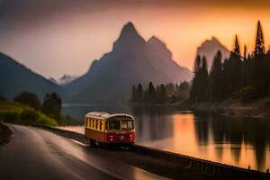 een trein op reis naar beneden een weg met bergen in de achtergrond. ai-gegenereerd foto