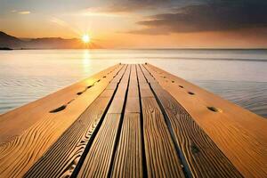 een houten dok strekt zich uit uit in de oceaan Bij zonsondergang. ai-gegenereerd foto