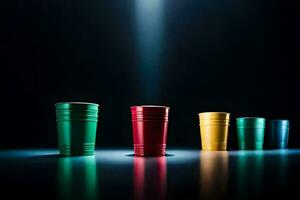 een rij van kleurrijk plastic cups Aan een donker oppervlak. ai-gegenereerd foto
