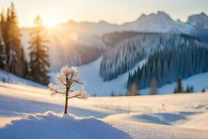 een eenzaam boom in de sneeuw met de zon instelling achter het. ai-gegenereerd foto