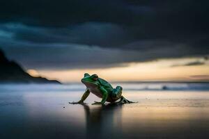 een kikker zittend Aan de strand Bij zonsondergang. ai-gegenereerd foto