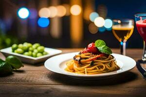 een bord van spaghetti met tomaten en groen groenten. ai-gegenereerd foto