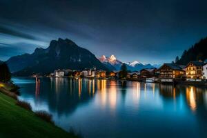 de bergen en meer Bij nacht in Zwitserland. ai-gegenereerd foto