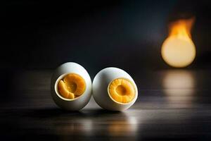 twee eieren zijn zittend Aan een tafel met een vlam in de achtergrond. ai-gegenereerd foto