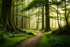 een pad door een groen Woud met bomen. ai-gegenereerd foto