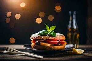 een Hamburger met tomaten en kaas Aan een bord. ai-gegenereerd foto