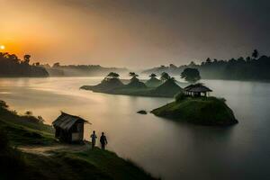 zonsopkomst over- de meer. ai-gegenereerd foto