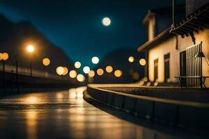 foto behang de nacht, straat, lichten, de maan, straat lichten, de maanlicht,. ai-gegenereerd