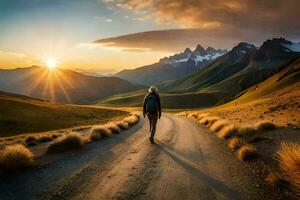 een persoon wandelen Aan een weg in de bergen. ai-gegenereerd foto