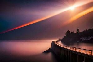 een lang brug over- de water met de zon schijnt. ai-gegenereerd foto