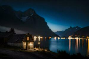 een cabine in de bergen Bij nacht. ai-gegenereerd foto