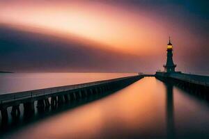 een lang blootstelling fotograaf van een vuurtoren Bij zonsondergang. ai-gegenereerd foto