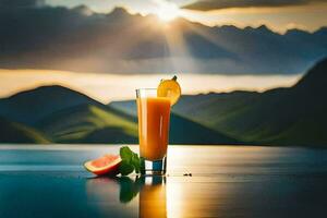 een glas van oranje sap met een plak van watermeloen Aan de rand van een meer. ai-gegenereerd foto