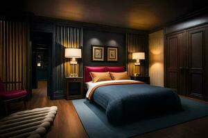 een slaapkamer met donker hout muren en een bed. ai-gegenereerd foto
