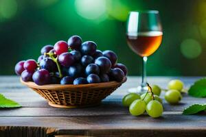 druiven en wijn Aan een houten tafel. ai-gegenereerd foto